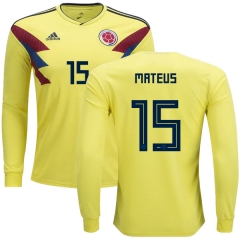 Colombia 2018 World Cup MATEUS URIBE 15 Long Sleeve Home Soccer Jersey Shirt