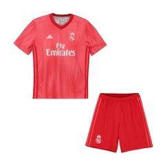 18-19 Real Madrid Third Red Children Soccer Jersey Kit Shirt + Shorts