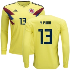 Colombia 2018 World Cup YERRY MINA 13 Long Sleeve Home Soccer Jersey Shirt
